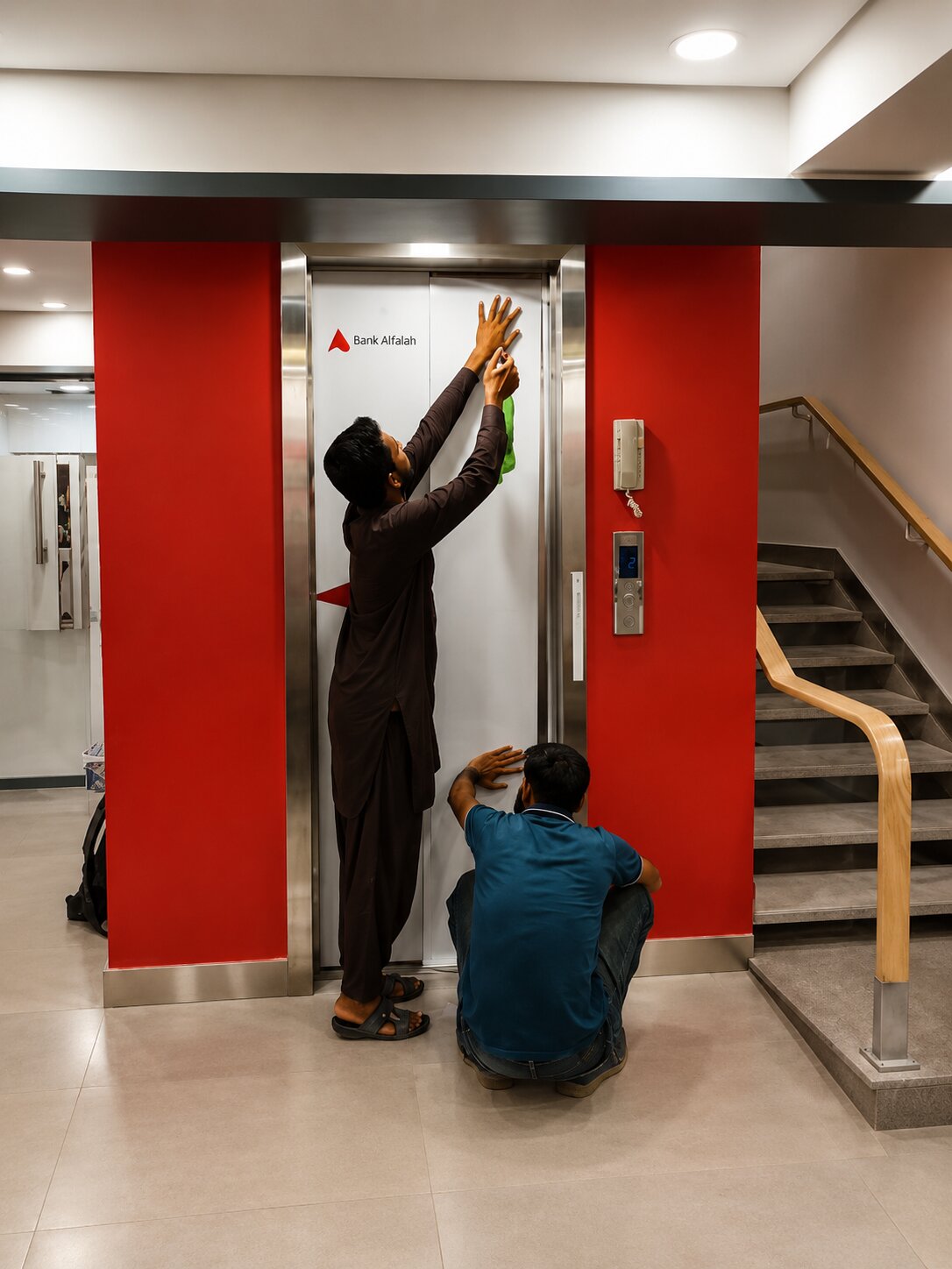 Artech technician performing a safety check on an elevator control panel